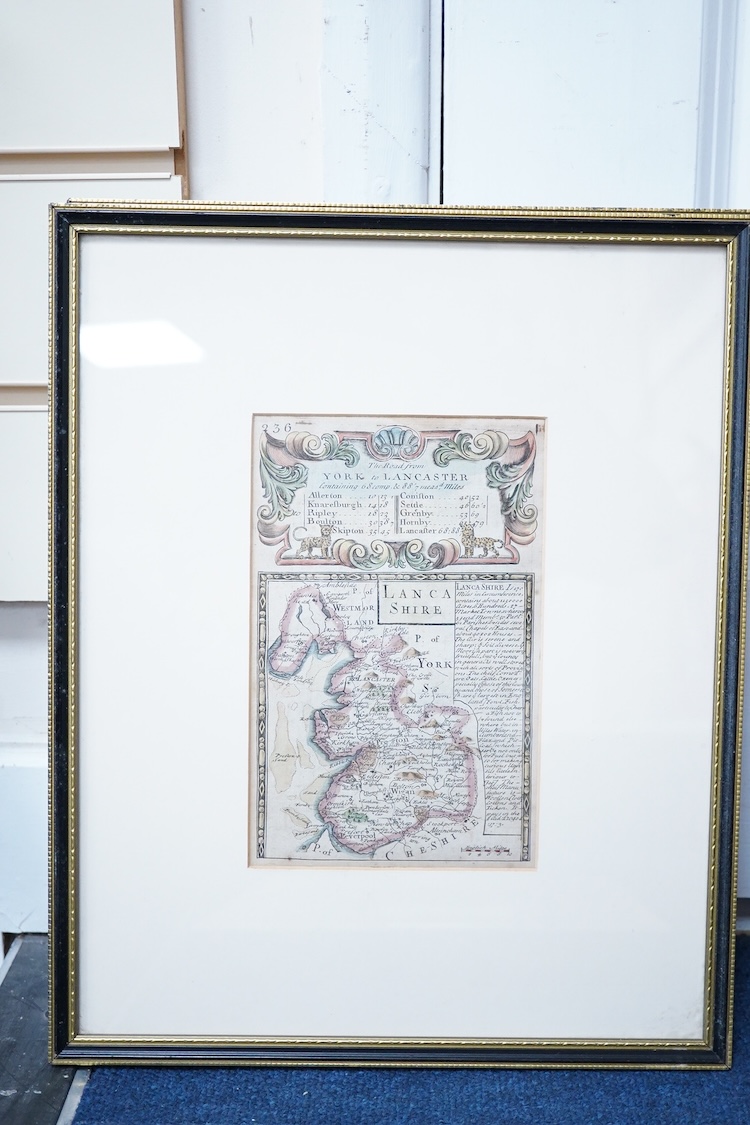 After John Owen & Emmanuel Bowen, A set of four 18th century hand coloured engraved road maps comprising: The North and East Riding of Yorkshire, The West Riding of Yorkshire, Lancashire, and Kent, gallery labels verso,